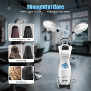 7 in 1 Rolling Ozone Stand Hair Dryer, Stand Hair Steamer with 8 Gears Temp Setting Adjustable Tube, Professional Salon Hair Steamer 650W 110V, Hair Dryers for Hair Care Hand Nourishment Silve