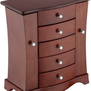 RR ROUND RICH DESIGN Jewelry Box – Made of Solid Wood with Tower Style 4 Drawers Organizer and 2 Separated Open Doors on 2 Sides and Large Mirror Brown
