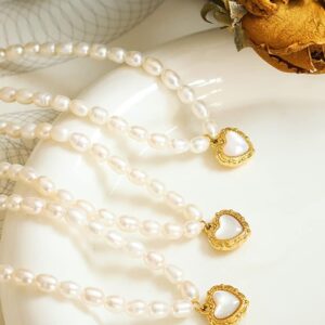 14K Yellow Gold Pearl Love Choker Necklace,Freshwater Cultured Pearl Pendant Necklaces,Fashion Jewelry for Women