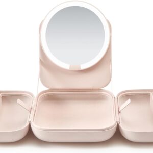 AMIRO M2 LumoCube Makeup Mirror with Bag – Portable LED Makeup Mirror with Lights, 5-Level Brightness, 3-Color Lights – Travel Makeup Organizer – Pink