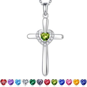 Iefil Cross Necklace for Women – 925 Sterling Silver Heart Cross Necklace Birthstone Jewelry Gifts for Women Wife Mom Girlfriend
