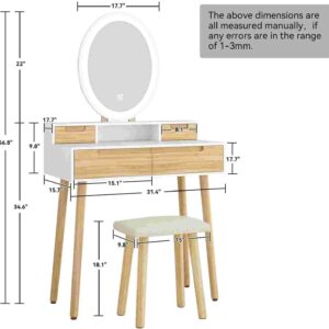 YOURLITE Makeup Vanity Desk with Lights, Small Vanity with Adjustable Brightness Mirror for Small Spaces, Dressing Table with Drawers (31.5″, Oval Mirror Wood)