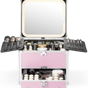 Qislee Makeup Box with Drawer and A Detachable Lighted Mirror, Waterproof Travel Train Case, Cosmetic Organizer and Makeup Suitcase with Adjustable Dividers, Magnetic LED Mirror (ICY Pink)