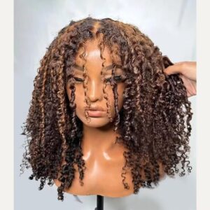 2/30 Ombre Brown Highlight Kinky Curly Human Hair Wigs with Curly Baby Hair 180% Density 13X4 HD Transparent Lace Front Wig Pre Plucked 4C Kinky Edges Brazilian Hair Glueless Wigs For Woman 18Inch