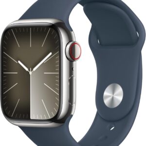 Apple Watch Series 9 [GPS + Cellular 41mm] Smartwatch with Silver Stainless Steel Case with Storm Blue Sport Band M/L. Fitness Tracker, ECG Apps, Always-On Retina Display