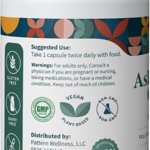 Pattern Wellness Ashwagandha Complex for Men & Women – KSM-66 & Black Pepper Extract – Whole Body & Heart Health – Supports Stress & Mood – Non-GMO – 180 Vegan Capsules