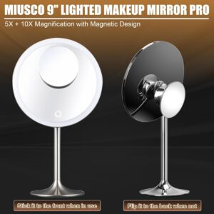 Miusco Makeup Mirror 9″ Vanity Mirror with Lights, 5X & 10X Magnification – Front/Back Magnetic Design, Rechargeable & Cordless, Touch Dimming, 90° Adjustable Angle, Metal Frame, Includes USB Cable