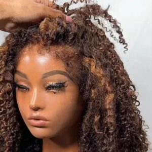 2/30 Ombre Brown Highlight Kinky Curly Human Hair Wigs with Curly Baby Hair 180% Density 13X4 HD Transparent Lace Front Wig Pre Plucked 4C Kinky Edges Brazilian Hair Glueless Wigs For Woman 18Inch