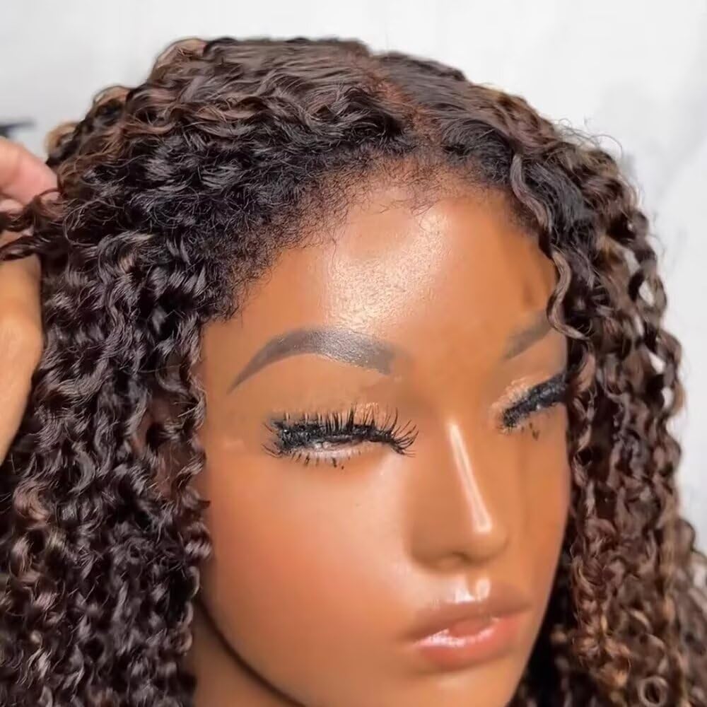 2/30 Ombre Brown Highlight Kinky Curly Human Hair Wigs with Curly Baby Hair 180% Density 13X4 HD Transparent Lace Front Wig Pre Plucked 4C Kinky Edges Brazilian Hair Glueless Wigs For Woman 18Inch - Image 4