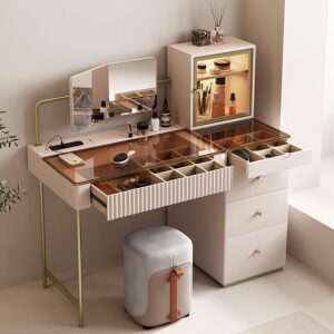 homary Modern Makeup Vanity Set with Charging Station, Makeup Table with 5 Drawers, Jewelry Storage, Vanity Desk with Foldable Mirror, Dressing Table with Stool for Bedroom (Champagne)