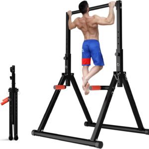 DOBESTS Foldable Power Tower Pull Up Bar Dip Station Adjustable Multifunction Workout Pull Up Tower Station Gym Strength Training Equipment for Home Outdoor, Triangular Legs, Support 700lbs