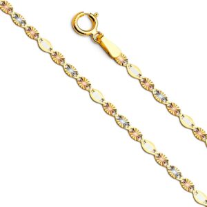 14k REAL Tri Color Gold Solid 2mm Flat Star Diamond Cut Chain Necklace with Spring Ring Clasp