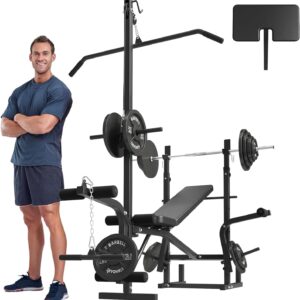 Mikolo 8 in 1 Olympic Weight Bench Set with Leg Extension and Leg Curl, Multi-Function Bench Press Set with Preacher Curl Pad and Chest Fly, Full-Body Strength Training Equipment