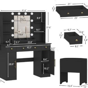 Vanity Desk with Mirror and Lights,Black Makeup Vanity with Charging Station & Stool, 3 Drawers and Cabinets, White Vanity Mirror with RGB LED Lights Makeup Desk and Chair for Women