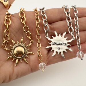 Katia Designs Grateful Sun Choker Necklace – 18″ or 22″ Gold or Silver Chain – Bold 9mm Brass Choker with Radiant Sun Pendant – Jewelry for Women, Boho Style, Nickel-Free, Daily Affirmation