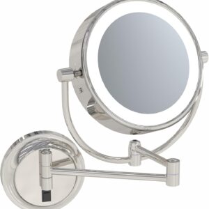 9″ LED Round Mirror – 1X & 5X Magnification | Switchable Cool & Warm Light | Hardwired LED Arm Wall Mirror | Makeup Mirror for Vanity, Bedroom, Bathroom | Energy Efficient (Polished Nickel)