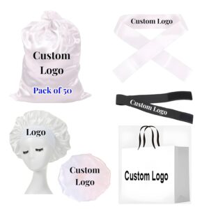 50pcs Custom Logo Hair Care Product Set Custom Satin Bonnets, Silk Wig Storage Bags, Edge Melt Elastic Bands Headband, Edge Laying Scarf, Personalized Paper Bags (White, Large)
