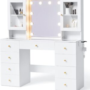 LINSY HOME Glass Top Vanity White Makeup Vanity with Mirror and Lights, 47″ Make Up Vanitys Desk with Storage, 9 Drawers, 2 Cabinets and Outlet, Big Vanity Table for Bedroom, Women, Girls