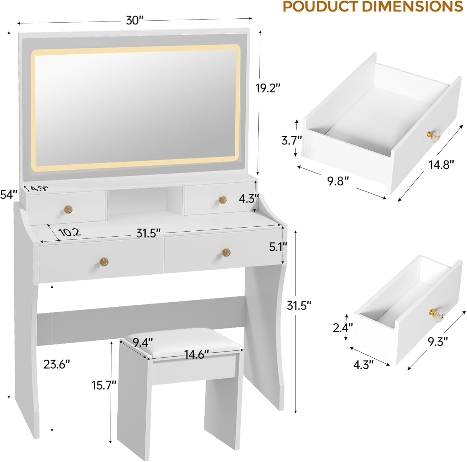 COMHOMA Makeup Vanity Desk with Mirror and Lights, Vanity Table and Chair Set with 5 Drawers and Charging Station, Bedroom Dresser LED Mirror Stepless Dimmable & 3 Color Modes Adjustable, Pure White - Image 6