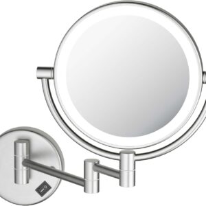 KIBI Circular Wall Mount Makeup Mirror with LED Lights, Dual-Sided 1x/5x Magnifying Mirror with Adjustable Arm, 360° Swivel, Solid Brass Construction for Durability and Style (Brushed Nickel, KMM101)