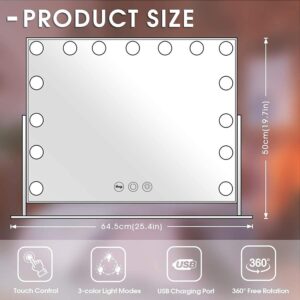 MISAVANITY Large Vanity Makeup Mirror with Lights 23″X18″ Lighted Hollywood Mirror with 10X Magnification and USB Charger for Bedroom Dressing Room Tabletop 15 Dimmable LED Lights 360 Degree Rotating