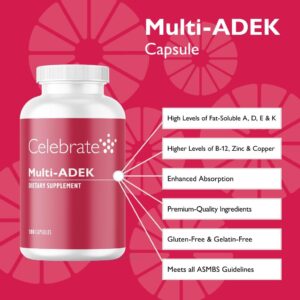 Celebrate Vitamins Multi ADEK, Iron Free – Daily Bariatric Multivitamin, High Level of Vitamins A, D, E, K & B12 for Duodenal Switch Surgery Patients (180 Capsules)