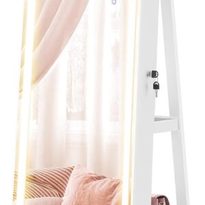 SONGMICS LED Jewelry Cabinet Standing, Lockable Armoire With Full-Length Mirror and Adjustable Lights, Space-Saving Organizer, Gift Idea, Cloud White UJJC008W01