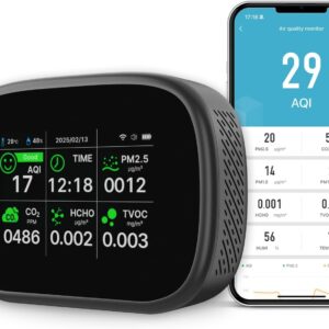 18-in-1 Smart Air Quality Monitor – Indoor WiFi Air Quality Detector with Dual Chip, Real-Time for AQI, CO2, PM2.5, PM1.0, PM10, TVOC, HCHO, Time Display, Temperature & Humidity with APP (Black-Black)