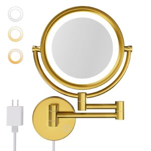 GURUN 8.5″ Plug-in Magnifying Makeup Mirror with 3 Tones Dimmable LED Lights Double Sided Touch Control Wall Mounted Vanity Mirror for Bathroom with 10X Magnification M1809DGJ-T (Brushed Gold)