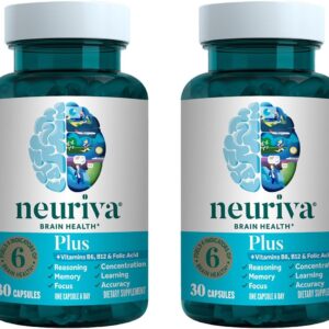 NEURIVA Plus Brain Supplement for Memory, Focus & Concentration + Cognitive Function with Clinically Tested Nootropics Phosphatidylserine and Neurofactor, VIT B6 & B12, 30 Count Capsules (2 Pack)