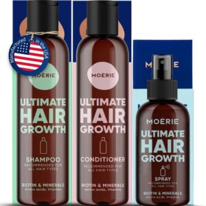 Moerie Mineral Shampoo and Conditioner Plus Hair Growth Spray Set – Ultimate Hair Care Pack – For Longer, Thicker, Fuller Hair – Volumizing Hair Care Products – Paraben & Silicone Free – 3 Products