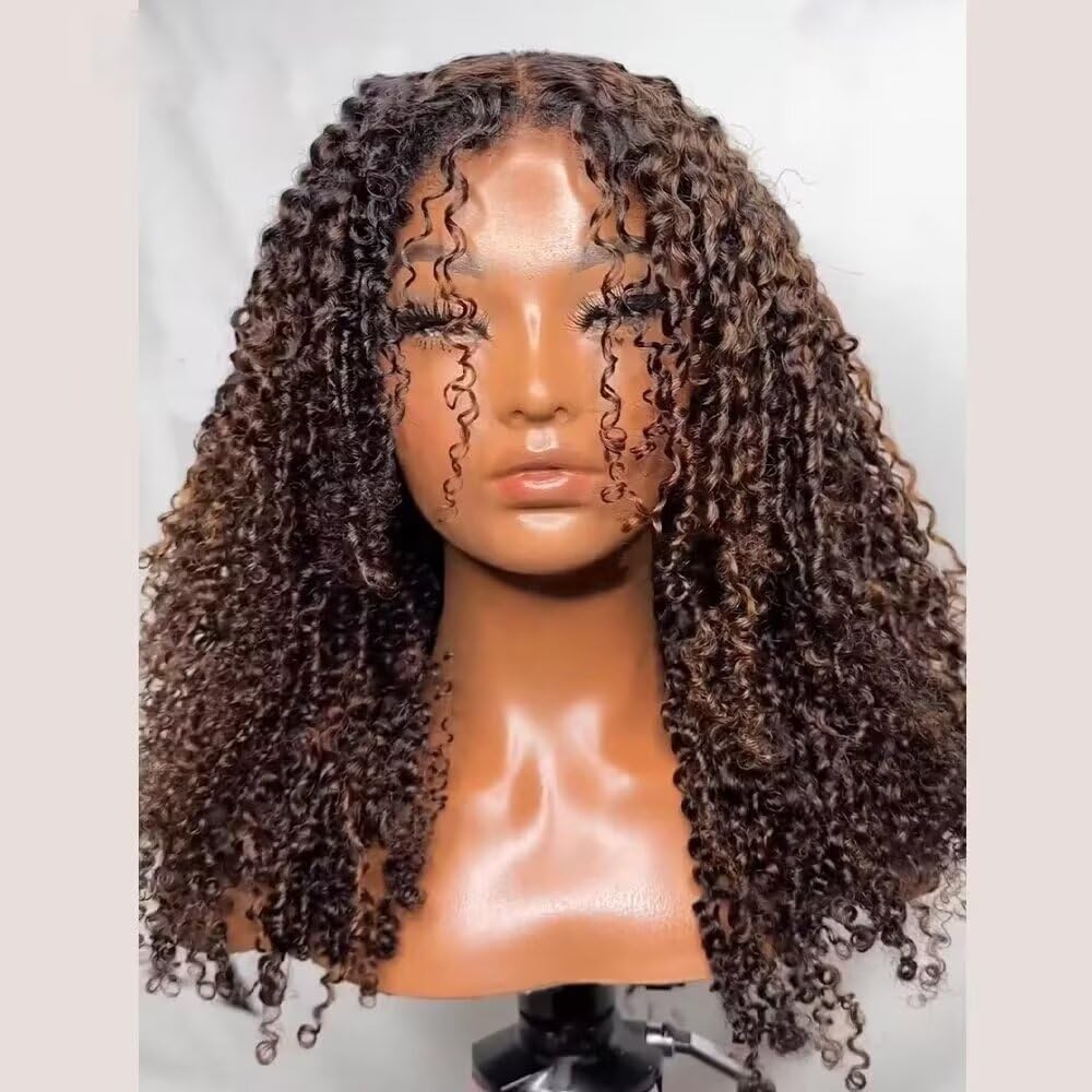 2/30 Ombre Brown Highlight Kinky Curly Human Hair Wigs with Curly Baby Hair 180% Density 13X4 HD Transparent Lace Front Wig Pre Plucked 4C Kinky Edges Brazilian Hair Glueless Wigs For Woman 18Inch - Image 3
