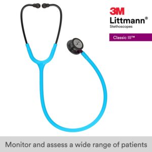 3M Littmann Classic III Monitoring Stethoscope, 5872, More Than 2X as Loud, Weighs Less, Stainless Steel Smoke-Finish Chestpiece, 27″ Turquoise Tube, Pink Stem, and Smoke Headset