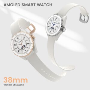 KAVVO Oyster Mini 38mm Bluetooth Smartwatch for Women, 1.1” Delicate AMOLED Always-On Display, Rotating Bezel, Fitness Tracker with Female Health, Heart Rate Blood Oxygen Monitor(Ceramic White)