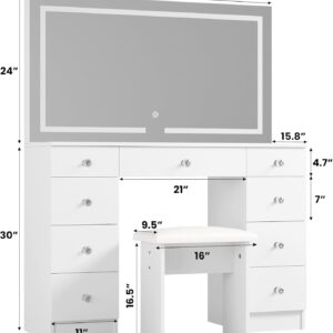 SMOOL Vanity with Mirror and Lights – Vanity Desk with Power Outlet and 9 Drawers, 3 Color Lighting Modes, Adjustable Brightness, Makeup Vanity with Soft Cushioned Stool for Bedroom, White 43“L