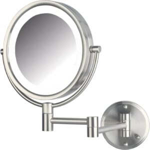 JERDON Wall-Mounted Makeup Mirror with Lights – Direct-Wired Lighted Makeup Mirror with 8X Magnification & Nickel Finish – Model HL88NLD