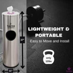 Gym Wipe Dispenser with Stainless Steel Floor Stand, Built-in Trash Can, Fitness Equipment Wipes Holder, 1.5 Gallon, Silver