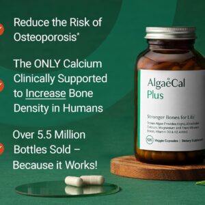 ALGAECAL Organic Red Algae Calcium Supplement for Bone Density, Vitamin K2 MK7 (100mg), Vitamin D3 (1600 IU), Magnesium (350mg) & Trace Minerals & Strength, Easy to Swallow, 120 Veggie Caps