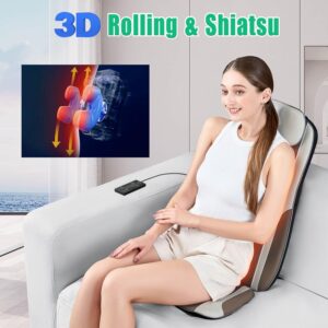 Shiatsu Back Massager with Heat, Massage Chair Pad Seat Cushion for Stress Relief, Deep Tissue Kneading & Roller, 2 Vibration Motors, Back Waist Hip Massager, PU Leather, with 2 Adapters