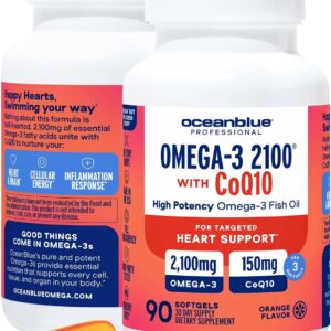 Oceanblue Professional Omega-3 2100 with CoQ10 – 90 ct – 2 Pack – Triple Strength Fish Oil Supplement with High-Potency EPA and DHA, and CoQ10 – Orange Flavor (60 Servings)