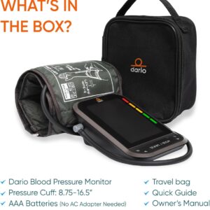 Dario Blood Pressure Monitor for Home Use Gen2 Automatic Machine, LCD Backlit Display, Large Adjustable Arm Cuff (8.75-16.5in) Smart Bluetooth App & Carry Case