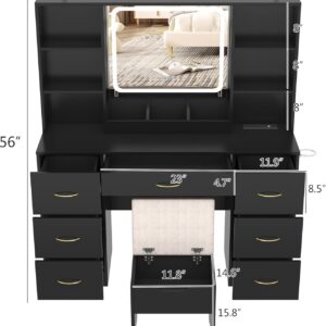 47 inch Large Vanity Desk w/ 7 Drawers,Cushion Stool,Outlet,6 Shelves,Black Make up Vanity Table Set 3 Lighting Modes Brightness for Bedroom Dressing Room