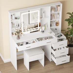 Fameill Vanity Desk with Mirror and Lights, Makeup Vanity with 5 Drawers, Makeup Desk with Charging Station and Ample Storage, Dressing Table with Chair for Bedroom Room (White)