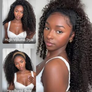 Wiggins Curly Half Wig Human Hair Glueless Wigs Upgrade 3 IN 1 Half Wig With Drawstring Seamless Clip Ins Flip Over Kinky Curly Human Hair No Glue No Lace For Women 16 Inch