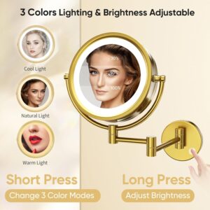 GURUN 8.5″ Plug-in Magnifying Makeup Mirror with 3 Tones Dimmable LED Lights Double Sided Touch Control Wall Mounted Vanity Mirror for Bathroom with 10X Magnification M1809DGJ-T (Brushed Gold)