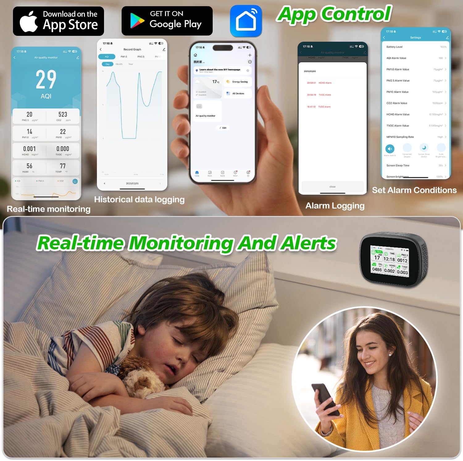 18-in-1 Smart Air Quality Monitor - Indoor WiFi Air Quality Detector with Dual Chip, Real-Time for AQI, CO2, PM2.5, PM1.0, PM10, TVOC, HCHO, Time Display, Temperature & Humidity with Aler (Black-W) - Image 3