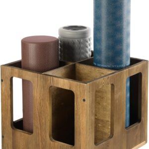 MyGift 4-Slot Vintage Brown Wood Foam Roller Storage Organizer, Wall Mounted or Floor Standing Holder Rack for Yoga Mats and Gym Accessories