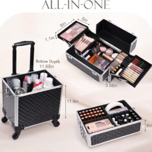 Adazzo 3 in 1 Professional Rolling Makeup Train Case Aluminum Trolley Case with 360° Rotation Wheels for Makuep Artist Cosmetic Suitcase Organizer with Lock and Key Diamond Pattern – Black