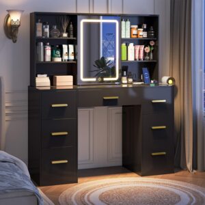 47” W Large Vanity Desk with Mirror and Lights, 8 Storage Shelves 7 Drawers Vanity Table, Big Makeup Vanity Desk with 3 Lighting Modes, Vanity Dresser with Charging Station, Sliding Mirror (Black)