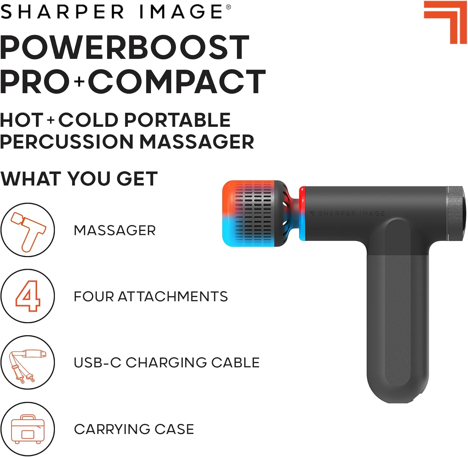 Sharper Image® Powerboost® Pro+ Hot & Cold Deep Tissue Massage Gun - 6 Speeds, 6 Attachments, 5-Hour Battery, Travel Case, Charging Base, Shoulder & Back Massager, Pain Relief Tool, Wellness Gift - Image 2